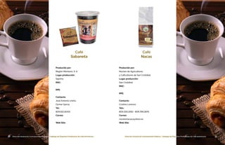 36 Dirección General de Contrataciones Públicas • Catálogo de Pequeños Productores de Café Dominicano 37Dirección General de Contrataciones Públicas • Catálogo de Pequeños Productores de Café Dominicano36 Dirección General de Contrataciones Públicas • Catálogo de Pequeños Productores de Café Dominicano
Producido por:
Región Montano, S. A
Lugar producción:
Sajoma
RNC:
RPE:
Contacto:
José Antonio Ureña
Osmar García
Tel.:
809.921.6000
Correo:
Web Site:
Café
Sabaneta
37Dirección General de Contrataciones Públicas • Catálogo de Pequeños Productores de Café Dominicano
Café
Nacas
Producido por:
Núcleo de Agricultores
y Caficultores de San Cristóbal
Lugar producción:
San Cristóbal
RNC:
RPE:
Contacto:
Cristino Lorenzo
Tels.:
809.330.1592 • 809.799.2876
Correo:
nucleonacas@yahoo.es
Web Site:
 