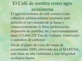 El Café de sombra como agro
          ecosistema
El agro ecosistema de café conserva una
cobertura arbórea mínima necesaria para
permitir el movimiento de la fauna y
consecuentemente la flora (polinización,
dispersión de semillas, etc.) aproximadamente
unas 112,446.228 Ton de Carbono. (reservorio
o sumidero de carbono)
Desde el punto de vista del mapa de
ecosistemas 2009, elaborado por el MARENA,
este tiene un alta viabilidad y una integridad
ecológica buena
 