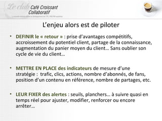 L’enjeu alors est de piloter
• DEFINIR le « retour » : prise d’avantages compétitifs,
  accroissement du potentiel client, partage de la connaissance,
  augmentation du panier moyen du client… Sans oublier son
  cycle de vie du client…

• METTRE EN PLACE des indicateurs de mesure d’une
  stratégie : trafic, clics, actions, nombre d’abonnés, de fans,
  position d’un contenu en référence, nombre de partages, etc.

• LEUR FIXER des alertes : seuils, planchers… à suivre quasi en
  temps réel pour ajuster, modifier, renforcer ou encore
  arrêter…
 