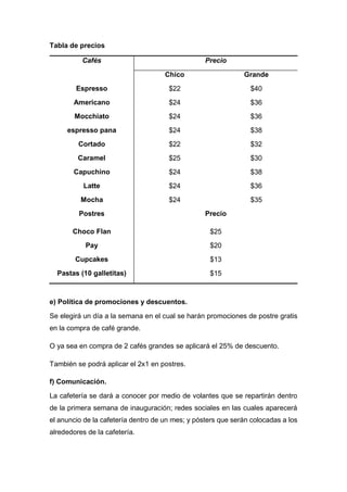 Tabla de precios
Cafés Precio
Chico Grande
Espresso $22 $40
Americano $24 $36
Mocchiato $24 $36
espresso pana $24 $38
Cortado $22 $32
Caramel $25 $30
Capuchino $24 $38
Latte $24 $36
Mocha $24 $35
Postres Precio
Choco Flan $25
Pay $20
Cupcakes $13
Pastas (10 galletitas) $15
e) Política de promociones y descuentos.
Se elegirá un día a la semana en el cual se harán promociones de postre gratis
en la compra de café grande.
O ya sea en compra de 2 cafés grandes se aplicará el 25% de descuento.
También se podrá aplicar el 2x1 en postres.
f) Comunicación.
La cafetería se dará a conocer por medio de volantes que se repartirán dentro
de la primera semana de inauguración; redes sociales en las cuales aparecerá
el anuncio de la cafetería dentro de un mes; y pósters que serán colocadas a los
alrededores de la cafetería.
 