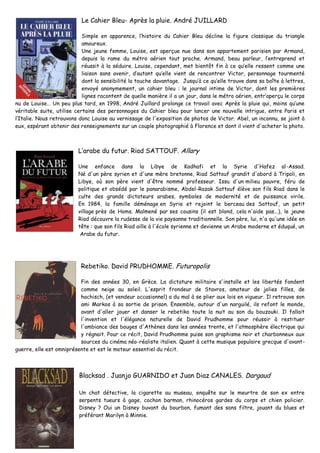 Le Cahier Bleu- Après la pluie. André JUILLARD
Simple en apparence, l’histoire du Cahier Bleu décline la figure classique du triangle
amoureux.
Une jeune femme, Louise, est aperçue nue dans son appartement parisien par Armand,
depuis la rame du métro aérien tout proche. Armand, beau parleur, l’entreprend et
réussit à la séduire. Louise, cependant, met bientôt fin à ce qu’elle ressent comme une
liaison sans avenir, d’autant qu’elle vient de rencontrer Victor, personnage tourmenté
dont la sensibilité la touche davantage. Jusqu’à ce qu’elle trouve dans sa boîte à lettres,
envoyé anonymement, un cahier bleu : le journal intime de Victor, dont les premières
lignes racontent de quelle manière il a un jour, dans le métro aérien, entr’aperçu le corps
nu de Louise… Un peu plus tard, en 1998, André Juillard prolonge ce travail avec Après la pluie qui, moins qu’une
véritable suite, utilise certains des personnages du Cahier bleu pour lancer une nouvelle intrigue, entre Paris et
l’Italie. Nous retrouvons donc Louise au vernissage de l'exposition de photos de Victor. Abel, un inconnu, se joint à
eux, espérant obtenir des renseignements sur un couple photographié à Florence et dont il vient d'acheter la photo.
L’arabe du futur. Riad SATTOUF. Allary
Une enfance dans la Libye de Kadhafi et la Syrie d'Hafez al-Assad.
Né d'un père syrien et d'une mère bretonne, Riad Sattouf grandit d'abord à Tripoli, en
Libye, où son père vient d'être nommé professeur. Issu d'un milieu pauvre, féru de
politique et obsédé par le panarabisme, Abdel-Razak Sattouf élève son fils Riad dans le
culte des grands dictateurs arabes, symboles de modernité et de puissance virile.
En 1984, la famille déménage en Syrie et rejoint le berceau des Sattouf, un petit
village près de Homs. Malmené par ses cousins (il est blond, cela n'aide pas...), le jeune
Riad découvre la rudesse de la vie paysanne traditionnelle. Son père, lui, n'a qu'une idée en
tête : que son fils Riad aille à l'école syrienne et devienne un Arabe moderne et éduqué, un
Arabe du futur.
Rebetiko. David PRUDHOMME. Futuropolis
Fin des années 30, en Grèce. La dictature militaire s'installe et les libertés fondent
comme neige au soleil. L'esprit frondeur de Stavros, amateur de jolies filles, de
hachisch, (et vendeur occasionnel) a du mal à se plier aux lois en vigueur. Il retrouve son
ami Markos à sa sortie de prison. Ensemble, autour d'un narguilé, ils refont le monde,
avant d'aller jouer et danser le rebetiko toute la nuit au son du bouzouki. Il fallait
l'invention et l'élégance naturelle de David Prudhomme pour réussir à restituer
l'ambiance des bouges d'Athènes dans les années trente, et l'atmosphère électrique qui
y régnait. Pour ce récit, David Prudhomme puise son graphisme noir et charbonneux aux
sources du cinéma néo-réaliste italien. Quant à cette musique populaire grecque d'avant-
guerre, elle est omniprésente et est le moteur essentiel du récit.
Blacksad . Juanjo GUARNIDO et Juan Diaz CANALES. Dargaud
Un chat détective, la cigarette au museau, enquête sur le meurtre de son ex entre
serpents tueurs à gage, cochon barman, rhinocéros gardes du corps et chien policier.
Disney ? Oui un Disney buvant du bourbon, fumant des sans filtre, jouant du blues et
préférant Marilyn à Minnie.
 