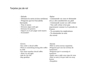 - Saluda
- Demana la carta (cuina catalana)
- Pregunta què és l’escudella
barrejada
- Tria el menú
- Demana aigua amb gas
- Demana les postres
- Digue’s si es pot pagar amb tarjeta
- Acomiada’t
-Salue
- Commande un coca et demande
s’il y a des sandwiches au pâté
- Commande aussi un café crème
- Ton café crème n’est pas
exactement comme tu le prends en
France
- Tu acceptes les explications
- Tu demandes la note
-Au-revoir
-Greets
-You order a decaf coffee
-There is something wrong (the coffee
is cold)
-You want another decaf coffee
- Now it is all right
-Ask for the bill
-Say goodbye
-Saluda
-Pide la carta (cocina española)
-Pregunta qué son las tortitas de
camarones
-Pregunta qué te aconseja el
camarero
-Hazle caso y pide una copa de cava
-Pide la nota y di que todo era muy
bueno
-Despídete
Tarjetes joc de rol
 