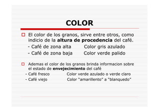 COLOR
El color de los granos, sirve entre otros, como
indicio de la altura de procedencia del café.
- Café de zona alta Color gris azulado
- Café de zona baja Color verde palido
Ademas el color de los granos brinda informacion sobre
el estado de envejecimiento del café
- Café fresco Color verde azulado o verde claro
- Café viejo Color “amarillento” a “blanquedo”
 