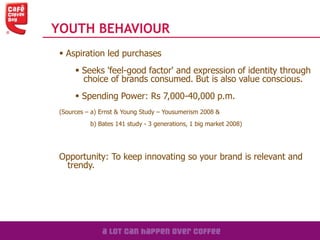  Aspiration led purchases
 Seeks 'feel-good factor' and expression of identity through
choice of brands consumed. But is also value conscious.
 Spending Power: Rs 7,000-40,000 p.m.
(Sources – a) Ernst & Young Study – Yousumerism 2008 &
b) Bates 141 study - 3 generations, 1 big market 2008)
Opportunity: To keep innovating so your brand is relevant and
trendy.
YOUTH BEHAVIOUR
 
