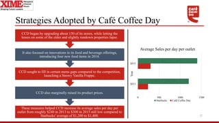 Strategies Adopted by Café Coffee Day
These measures helped CCD increase its average sales per day per
outlet from roughly $240 in 2013 to $300 in 2015 still low compared to
Starbucks’ average of $1,200 to $1,400.
CCD also marginally raised its product prices.
CCD sought to fill in certain menu gaps compared to the competition,
launching a Snowy Vanilla Frappe.
It also focused on innovations in its food and beverage offerings,
introducing four new food items in 2014.
CCD began by upgrading about 150 of its stores, while letting the
leases on some of the older and slightly rundown properties lapse.
12
0 500 1000 1500
2013
2015
Year
Average Sales per day per outlet
Starbucks Café Coffee Day
 