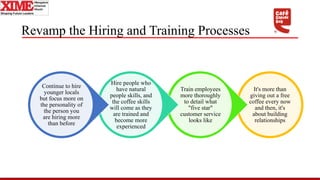 Revamp the Hiring and Training Processes
It's more than
giving out a free
coffee every now
and then, it's
about building
relationships
Train employees
more thoroughly
to detail what
"five star"
customer service
looks like
Hire people who
have natural
people skills, and
the coffee skills
will come as they
are trained and
become more
experienced
Continue to hire
younger locals
but focus more on
the personality of
the person you
are hiring more
than before
 