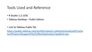 Tools Used and Reference
• R Studio 1.2.1335
• Tableau Desktop – Public Edition
• Link to Tableau Public file
https://public.tableau.com/profile/saleesh.satheeshchandran#!/vizho
me/Project-8SupportFile/CoffeeDayAnalysis?publish=yes
 