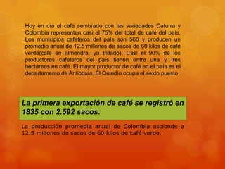 Hoy en día el café sembrado con las variedades Caturra y Colombia representan casi el 75% del total de café del país. Los municipios cafeteros del país son 560 y producen un promedio anual de 12.5 millones de sacos de 60 kilos de café verde(café en almendra, ya trillado). Casi el 90% de los productores cafeteros del país tienen entre una y tres hectáreas en café. El mayor productor de café en el país es el departamento de Antioquia. El Quindío ocupa el sexto puesto.La primera exportación de café se registró en 1835 con 2.592 sacos.La producción promedia anual de Colombia asciende a 12.5 millones de sacos de 60 kilos de café verde. 