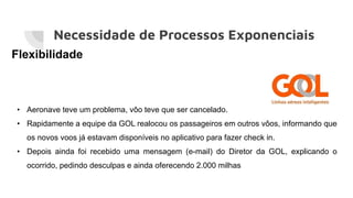 Necessidade de Processos Exponenciais
Flexibilidade
• Aeronave teve um problema, vôo teve que ser cancelado.
• Rapidamente a equipe da GOL realocou os passageiros em outros vôos, informando que
os novos voos já estavam disponíveis no aplicativo para fazer check in.
• Depois ainda foi recebido uma mensagem (e-mail) do Diretor da GOL, explicando o
ocorrido, pedindo desculpas e ainda oferecendo 2.000 milhas
 