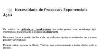 Necessidade de Processos Exponenciais
Ágeis
Os projetos de melhoria ou transformação precisarão possuir uma metodologia ágil,
melhorando e transformando o processo imediatamente
Da mesma forma a gestão do dia a dia, as melhorias, ajustes e adaptações no processo
precisam ser imediatas
Pode-se utilizar técnicas de Design Thinking, com experimentação e testes rápidos junto a
clientes
 