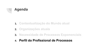 Agenda
1. Contextualização do Mundo atual
2. Organizações atuais
3. Necessidade de Processos Exponenciais
4. Perfil do Profissional de Processos
 
