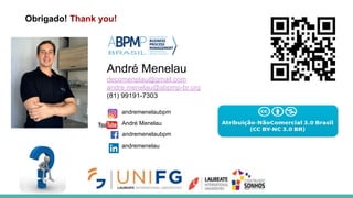 Obrigado! Thank you!
André Menelau
decomenelau@gmail.com
andre.menelau@abpmp-br.org
(81) 99191-7303
andremenelaubpm
André Menelau
andremenelaubpm
andremenelau
 
