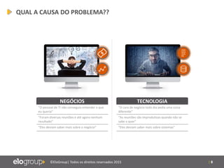 | 8©EloGroup| Todos os direitos reservados 2015
NEGÓCIOS
“O pessoal de TI não conseguiu entender o que
eu queria”
“Foram diversas reuniões e até agora nenhum
resultado”
“Eles deviam saber mais sobre o negócio”
TECNOLOGIA
“O cara de negócio todo dia pedia uma coisa
diferente”
“As reuniões são improdutivas quando não se
sabe o quer”
“Eles deviam saber mais sobre sistemas”
10101
01010
10101
010
QUAL A CAUSA DO PROBLEMA??
 