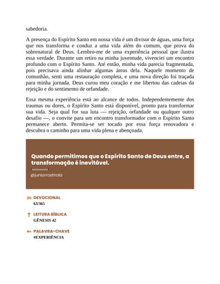 sabedoria.
A presença do Espírito Santo em nossa vida é um divisor de águas, uma força
que nos transforma e conduz a uma vida além do comum, que prova do
sobrenatural de Deus. Lembro-me de uma experiência pessoal que ilustra
essa verdade. Durante um retiro na minha juventude, vivenciei um encontro
profundo com o Espírito Santo. Até então, minha vida parecia fragmentada,
pois precisava ainda alinhar algumas áreas dela. Naquele momento de
comunhão, senti uma restauração completa, e uma nova direção foi traçada
para minha jornada. Deus curou meu coração e me libertou das cadeias da
rejeição e do sentimento de orfandade.
Essa mesma experiência está ao alcance de todos. Independentemente dos
traumas ou dores, o Espírito Santo está disponível, pronto para transformar
sua vida. Seja qual for sua luta — rejeição, orfandade ou qualquer outro
desafio —, o convite para um encontro transformador com o Espírito Santo
permanece aberto. Permita-se ser tocado por essa força renovadora e
descubra o caminho para uma vida plena e abençoada.
Quando permitimos que o Espírito Santo de Deus entre, a
transformação é inevitável.
@juniorrostirola
DEVOCIONAL
63/365
LEITURA BÍBLICA
GÊNESIS 42
PALAVRA-CHAVE
#EXPERIÊNCIA
 