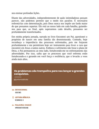 nos ensinar profundas lições.
Diante das adversidades, independentemente de quão intimidadoras possam
parecer, não podemos permitir que o medo nos paralise. É necessário
enfrentá-las com determinação, pois Deus nunca nos impõe um fardo maior
do que possamos suportar. Ele está ao nosso lado em cada batalha, guiando-
nos para que, ao final, após superarmos cada desafio, possamos ser
profundamente transformados.
Em minha própria jornada, narrada no livro Encontrei um Pai, questionei o
propósito de nascer em uma família tão desestruturada. Contudo, hoje
reconheço a importância dos processos enfrentados, pois me forjaram
profundamente e me permitiram hoje ser instrumento para levar a cura que
encontrei em Jesus a tantos outros. Embora o sofrimento não fosse o plano de
Deus, o Pai permaneceu ao meu lado, fortalecendo-me no enfrentamento das
adversidades. Por isso, saiba que os processos que você enfrenta estão
fortalecendo-o e gerando em você força e resiliência, que o levarão a voos
ainda mais altos.
Os problemas são trampolins para nos lançar a grandes
conquistas.
@juniorrostirola
DEVOCIONAL
163/365
LEITURA BÍBLICA
ESDRAS 1
PALAVRA-CHAVE
#PERSEVERAR
 