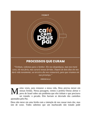 M
1 1 | S E T
PROCESSOS QUE CURAM
“Venham, voltemos para o Senhor. Ele nos despedaçou, mas nos trará
cura; ele nos feriu, mas sarará nossas feridas. Depois de dois dias ele nos
dará vida novamente; ao terceiro dia nos restaurará, para que vivamos em
sua presença.”
OSEIAS 6.1,2
uitas vezes, para restaurar a nossa vida, Deus precisa mexer em
nossas feridas. Nessa passagem, vemos o profeta Oseias alertar o
povo de Israel sobre um problema que eles tinham e que precisava
ser tratado: o pecado. Eles haviam se desviado dos caminhos
apontados pelo Pai.
Deus não mexe em uma ferida com a intenção de nos causar mais dor, mas
sim de curar. Todos sabemos que um machucado não tratado pode
 