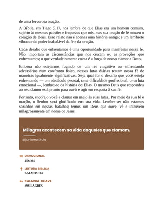 de uma fervorosa oração.
A Bíblia, em Tiago 5.17, nos lembra de que Elias era um homem comum,
sujeito às mesmas paixões e fraquezas que nós, mas sua oração de fé moveu o
coração de Deus. Esse relato não é apenas uma história antiga; é um lembrete
vibrante do poder inabalável da fé e da oração.
Cada desafio que enfrentamos é uma oportunidade para manifestar nossa fé.
Não importam as circunstâncias que nos cercam ou as provações que
enfrentamos; o que verdadeiramente conta é a força de nosso clamor a Deus.
Embora não estejamos fugindo de um rei vingativo ou enfrentando
adversários num confronto físico, nossas lutas diárias testam nossa fé de
maneiras igualmente significativas. Seja qual for o desafio que você esteja
enfrentando — um obstáculo pessoal, uma dificuldade profissional, uma luta
emocional —, lembre-se da história de Elias. O mesmo Deus que respondeu
ao seu clamor está pronto para ouvir e agir em resposta à sua fé.
Portanto, encorajo você a clamar em meio às suas lutas. Por meio da sua fé e
oração, o Senhor será glorificado em sua vida. Lembre-se: não estamos
sozinhos em nossas batalhas; temos um Deus que ouve, vê e intervém
milagrosamente em nome de Jesus.
Milagres acontecem na vida daqueles que clamam.
@juniorrostirola
DEVOCIONAL
256/365
LEITURA BÍBLICA
SALMOS 104
PALAVRA-CHAVE
#MILAGRES
 