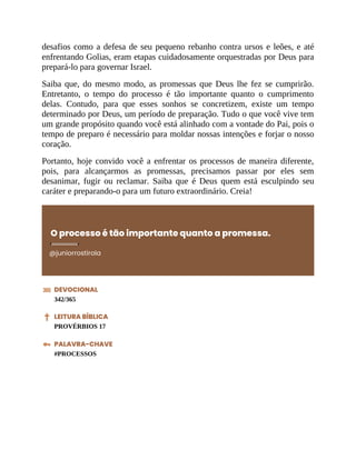 desafios como a defesa de seu pequeno rebanho contra ursos e leões, e até
enfrentando Golias, eram etapas cuidadosamente orquestradas por Deus para
prepará-lo para governar Israel.
Saiba que, do mesmo modo, as promessas que Deus lhe fez se cumprirão.
Entretanto, o tempo do processo é tão importante quanto o cumprimento
delas. Contudo, para que esses sonhos se concretizem, existe um tempo
determinado por Deus, um período de preparação. Tudo o que você vive tem
um grande propósito quando você está alinhado com a vontade do Pai, pois o
tempo de preparo é necessário para moldar nossas intenções e forjar o nosso
coração.
Portanto, hoje convido você a enfrentar os processos de maneira diferente,
pois, para alcançarmos as promessas, precisamos passar por eles sem
desanimar, fugir ou reclamar. Saiba que é Deus quem está esculpindo seu
caráter e preparando-o para um futuro extraordinário. Creia!
O processo é tão importante quanto a promessa.
@juniorrostirola
DEVOCIONAL
342/365
LEITURA BÍBLICA
PROVÉRBIOS 17
PALAVRA-CHAVE
#PROCESSOS
 
