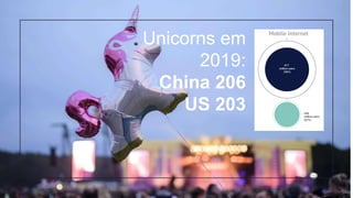 Unicorns em
2019:
China 206
US 203
 