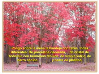 Pongo sobre la mesa la bandeja con tazas, todas
diferentes: De porcelana decorada, de cristal de
bohemia con hermosos dibujos, de simple vidrio, de
barro cocido y hasta de plástico.
 