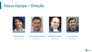 Nossa	Equipe	– Direção
Ana	Paula	Mol
Gerente Executiva
Erasmo	Borja	Sobrinho
Sócio/Diretor
Geraldo	Gonçalves
Sócio/Diretor
Jorge	Quintão
Sócio/Diretor
 