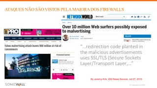 © Copyright SonicWall
By Jeremy Kirk, IDG News Service, Jul 27, 2015
ATAQUES NÃO SÃO VISTOS PELAMAIORADOS FIREWALLS
“…redirection	code	planted	in	
the	malicious	advertisements	
uses	SSL/TLS	(Secure	Sockets	
Layer/Transport	Layer,…”
 
