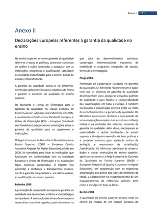 121Anexo I
Anexo II
Declarações Europeias referentes à garantia da qualidade no
ensino
No ensino superior, o termo garantia de qualidade
refere-se a todas as políticas, processos contínuos
de análise e ações destinadas a assegurar que as
instituições, programas e qualificações satisfazem
os standards especificados para o ensino, bolsas de
estudo e infraestruturas.
A garantia da qualidade baseia-se no empenha-
mento das partes interessadas e objetivos de forma
a garantir o aumento da qualidade no ensino
superior.
Os Standards e Linhas de Orientação para a
Garantia da Qualidade no Espaço Europeu de
Ensino Superior, adotado pelos Ministros em 2005,
e usualmente referido como Standards Europeus e
Linhas de Orientação (ESG – European Standards
and Guidelines) proporcionam orientações sobre a
garantia da qualidade para os organismos e
instituições.
O Registo Europeu de Garantia da Qualidade para o
Ensino Superior (EQAR – European Quality
Assurance Register for Higher Education), criado em
2008, foi concebido para listar as instituições que
funcionam em conformidade com os Standards
Europeus e Linhas de Orientação e as disposições
legais nacionais apropriadas. O Registo visa
aumentar a confiança e transparência relativa-
mente à garantia da qualidade e, em última análise,
as qualificações no ensino superior.
Bolonha 1999
A promoção da cooperação europeia na garantia da
qualidade visa desenvolver critérios e metodologias
comparáveis. A promoção das dimensões europeias
necessárias no ensino superior, particularmente no
que toca ao desenvolvimento curricular,
cooperação interinstitucional, esquemas de
mobilidade e programas integrados de estudo,
formação e investigação.
Praga 2001
Promoção da Cooperação Europeia na garantia
da qualidade. Os Ministros reconheceram o papel
vital que os sistemas de garantia da qualidade
desempenham para assegurar elevados padrões
de qualidade e para facilitar a comparabilidade
das qualificações em toda a Europa. É também
encorajada a cooperação estreita entre as redes
de reconhecimento e a garantia de qualidade. Os
Ministros acentuaram também a necessidade de
uma cooperação europeia mais estreita e confiança
mútua e na aceitação dos sistemas nacionais de
garantia da qualidade. Além disso, encorajaram as
universidades e outras instituições de ensino
superior a divulgarem exemplos de boas práticas e
a conceber cenários para aceitação mútua da
avaliação e mecanismos de acreditação/
/certificação. Os Ministros apelaram às universi-
dades e outras instituições de ensino superior,
agências nacionais e à Rede Europeia da Garantia
da Qualidade no Ensino Superior (ENQA –
European Network of Quality Assurance in Higher
Education), em cooperação com os respetivos
organização dos países que não são membros da
ENQA, a colaborarem no estabelecimento de um
enquadramento de referência comum, bem
como a divulgarem boas práticas.
Berlim 2003
A qualidade do ensino superior provou estar no
centro da criação de um Espaço Europeu do
 