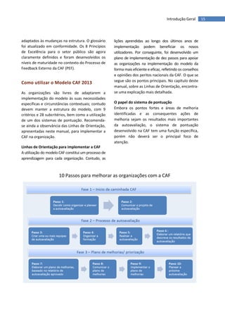15Introdução Geral
adaptados às mudanças na estrutura. O glossário
foi atualizado em conformidade. Os 8 Princípios
de Excelência para o setor público são agora
claramente definidos e foram desenvolvidos os
níveis de maturidade no contexto do Processo de
Feedback Externo da CAF (PEF).
Como utilizar o Modelo CAF 2013
As organizações são livres de adaptarem a
implementação do modelo às suas necessidades
específicas e circunstâncias contextuais; contudo
devem manter a estrutura do modelo, com 9
critérios e 28 subcritérios, bem como a utilização
de um dos sistemas de pontuação. Recomenda-
se ainda a observância das Linhas de Orientação,
apresentadas neste manual, para implementar a
CAF na organização.
Linhas de Orientação para implementar a CAF
A utilização do modelo CAF constitui um processo de
aprendizagem para cada organização. Contudo, as
lições aprendidas ao longo dos últimos anos de
implementação podem beneficiar os novos
utilizadores. Por conseguinte, foi desenvolvido um
plano de implementação de dez passos para apoiar
as organizações na implementação do modelo da
forma mais eficiente e eficaz, refletindo os conselhos
e opiniões dos peritos nacionais da CAF. O que se
segue são os pontos principais. No capítulo deste
manual, sobre as Linhas de Orientação, encontra-
se uma explicação mais detalhada.
O papel do sistema de pontuação
Embora os pontos fortes e áreas de melhoria
identificadas e as consequentes ações de
melhoria sejam os resultados mais importantes
da autoavaliação, o sistema de pontuação
desenvolvido na CAF tem uma função específica,
porém não deverá ser o principal foco de
atenção.
10 Passos para melhorar as organizações com a CAF
 