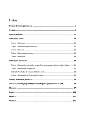 Índice
Prefácio à versão portuguesa ................................................................................. 5
Prefácio ................................................................................................................. 9
Introdução Geral.................................................................................................. 11
Critérios de Meios................................................................................................ 19
Critério 1: Liderança ..............................................................................................................21
Critério 2: Planeamento e estratégia ....................................................................................26
Critério 3: Pessoas .................................................................................................................31
Critério 4: Parcerias e recursos..............................................................................................36
Critério 5: Processos..............................................................................................................44
Critérios de Resultados......................................................................................... 49
Critério 6: Resultados orientados para o aluno e outras partes interessadas-chave ...........51
Critério 7: Resultados das pessoas........................................................................................55
Critério 8: Resultados da responsabilidade social ....................................................................58
Critério 9: Resultados do desempenho-chave ......................................................................62
Sistema de Pontuação da CAF............................................................................... 65
Linhas de Orientação para Melhorar as Organizações através da CAF.................... 73
Glossário.............................................................................................................. 87
Anexo I .............................................................................................................. 103
Anexo II ............................................................................................................. 121
Anexo III ............................................................................................................ 125
 
