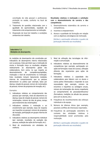 57Resultados Critério 7: Resultados das pessoas
conciliação da vida pessoal e profissional,
proteção na saúde, conforto no local de
trabalho).
3. Tratamento de questões relacionadas com a
igualdade de oportunidades, equidade de
tratamento e de comportamento na instituição.
4. Disposição do local de trabalho e condições
ambientais de trabalho.
Resultados relativos à motivação e satisfação
com o desenvolvimento da carreira e das
competências
1. Desenvolvimento sistemático da carreira e
competências.
2. Incentivo e empowerment.
3. Acesso e qualidade da formação em relação
com os objetivos estratégicos da instituição.
[Atribuir a pontuação utilizando o quadro de
pontuação referente aos resultados]
Subcritério 7.2
Medições do desempenho.
As medições do desempenho são constituídas por
indicadores de desempenho interno relacionados
com as pessoas. Estes permitem que a instituição de
ensino e formação meça os resultados atingidos
relativamente ao desempenho global dos
colaboradores, bem como, no que respeita ao
desenvolvimento de competências/aptidões,
motivação e nível de envolvimento na instituição.
Estes resultados incluem tipicamente medições
internas do comportamento que as pessoas
demonstram na prática (por exemplo, baixa por
doença, rotação do pessoal, número de reclamações
do pessoal, número de propostas de inovação, etc.)
Exemplos:
1. Indicadores relativos ao comportamento das
pessoas (por exemplo, níveis de absentismo ou
doença, taxas de rotação do pessoal, número de
reclamações, número de dias de greve, tempo
para tratamento das reclamações).
2. Indicadores relativos à motivação e ao
envolvimento (por exemplo, taxas de resposta
aos inquéritos ao pessoal, número de propostas
de inovação, participação em grupos internos de
discussão).
3. Indicadores relativos ao desempenho individual
(por exemplo, resultados da avaliação das
pessoas, avaliação das ações de formação, etc.).
4. Nível de envolvimento em atividades de
melhoria.
5. Nível de utilização das tecnologias de infor-
mação e comunicação.
6. Indicadores relativos ao desenvolvimento de
competências (por exemplo, participação em
ações de formação e taxas de sucesso, utilização
eficiente dos orçamentos para ações de
formação).
7. Indicadores relativos à capacidade dos
colaboradores para lidarem com os alunos e
outras partes interessadas e responder às suas
necessidades (por exemplo, número de
encontros e inquéritos ou sondagens anuais,
número de reclamações dos alunos respeitante
ao comportamento do pessoal/professores/
/formadores, medições da atitude das pessoas
para com os alunos, etc.).
8. Frequência do reconhecimento dos esforços
individuais e da equipa.
9. Número de dilemas éticos (por exemplo,
possíveis conflitos de interesses) reportados.
10. Frequência da participação voluntária no
contexto das atividades relativas à
responsabilidade social promovidas pela
instituição.
[Atribuir a pontuação utilizando o quadro de
pontuação referente aos resultados]
 