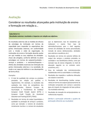 63Resultados - Critério 9: Resultados do desempenho-chave
Avaliação
Considerar os resultados alcançados pela instituição de ensino
e formação em relação a…
Subcritério 9.1
Resultados externos: resultados e impactos em relação aos objetivos.
Os resultados externos são as medidas de eficácia
da estratégia da instituição em termos de
capacidade para responder às expectativas das
partes interessadas externas, em conformidade
com a missão e visão da organização. As
instituições de ensino e formação deverão avaliar
em que medida os seus objetivos da atividade-
chave são atingidos, conforme definido no plano
estratégico em termos de outputs/resultados –
serviços e produtos – e outcomes/impactos –
efeitos das atividades essenciais da instituição nas
partes interessadas externas e na sociedade, de
modo a ser capaz de melhorar o seu desempenho
de forma eficaz.
Exemplos:
1. O nível de qualidade dos serviços ou produtos
prestados em relação aos padrões e
regulamentos. Por exemplo, os resultados das
avaliações dos níveis de competência dos
alunos/formandos (Sistema Europeu de
Acumulação e Transferência de Créditos/
European Credit Transfer System (ECTS) e
European Credit Transfer for Vocational
Education and Training (ECVET), PISA2).
2. Resultados em termos de output (quantidade e
qualidade na prestação de serviços e produtos,
como por exemplo: o número de estudantes
inicialmente inscritos e o número de estudantes
que se diplomaram; taxa de estudantes que
realizaram o exame final; taxa de
admissões/insucesso para o nível seguinte;
número de atividades de ensino personalizado;
inclusão de alunos desfavorecidos; atividades
para valorizar a excelência, etc.).
3. Resultados em termos de outcome (efeitos do
output dos serviços e produtos prestados na
sociedade e nos beneficiários diretos, como por
exemplo taxa de alunos integrados no nível de
educação seguinte ou no contexto socio-
económico, etc.).
4. Grau de realização dos contratos/acordos
estabelecidos entre as autoridades e a instituição.
5. Resultados das inspeções e auditorias efetuadas
aos outputs e outcomes.
6. Resultados do benchmarking (análise compa-
rativa) em termos de outputs (posicionamento da
instituição comparado com outras) e outcomes
(grau de impacto da integração de boas práticas
nos resultados externos).
7. Resultados da inovação de serviços/produtos na
melhoria dos impactos.
[Atribuir a pontuação utilizando o quadro de
pontuação referente aos resultados]
 