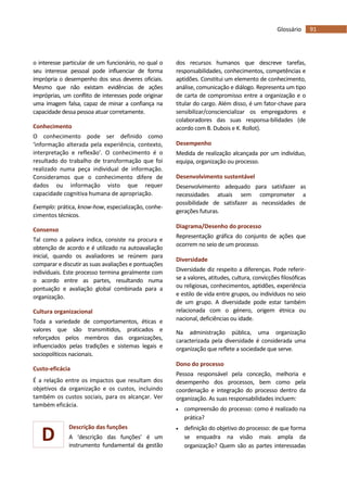 91Glossário
D
o interesse particular de um funcionário, no qual o
seu interesse pessoal pode influenciar de forma
imprópria o desempenho dos seus deveres oficiais.
Mesmo que não existam evidências de ações
impróprias, um conflito de interesses pode originar
uma imagem falsa, capaz de minar a confiança na
capacidade dessa pessoa atuar corretamente.
Conhecimento
O conhecimento pode ser definido como
‘informação alterada pela experiência, contexto,
interpretação e reflexão’. O conhecimento é o
resultado do trabalho de transformação que foi
realizado numa peça individual de informação.
Consideramos que o conhecimento difere de
dados ou informação visto que requer
capacidade cognitiva humana de apropriação.
Exemplo: prática, know-how, especialização, conhe-
cimentos técnicos.
Consenso
Tal como a palavra indica, consiste na procura e
obtenção de acordo e é utilizado na autoavaliação
inicial, quando os avaliadores se reúnem para
comparar e discutir as suas avaliações e pontuações
individuais. Este processo termina geralmente com
o acordo entre as partes, resultando numa
pontuação e avaliação global combinada para a
organização.
Cultura organizacional
Toda a variedade de comportamentos, éticas e
valores que são transmitidos, praticados e
reforçados pelos membros das organizações,
influenciados pelas tradições e sistemas legais e
sociopolíticos nacionais.
Custo-eficácia
É a relação entre os impactos que resultam dos
objetivos da organização e os custos, incluindo
também os custos sociais, para os alcançar. Ver
também eficácia.
Descrição das funções
A ‘descrição das funções’ é um
instrumento fundamental da gestão
dos recursos humanos que descreve tarefas,
responsabilidades, conhecimentos, competências e
aptidões. Constitui um elemento de conhecimento,
análise, comunicação e diálogo. Representa um tipo
de carta de compromisso entre a organização e o
titular do cargo. Além disso, é um fator-chave para
sensibilizar/consciencializar os empregadores e
colaboradores das suas responsa-bilidades (de
acordo com B. Dubois e K. Rollot).
Desempenho
Medida de realização alcançada por um indivíduo,
equipa, organização ou processo.
Desenvolvimento sustentável
Desenvolvimento adequado para satisfazer as
necessidades atuais sem comprometer a
possibilidade de satisfazer as necessidades de
gerações futuras.
Diagrama/Desenho do processo
Representação gráfica do conjunto de ações que
ocorrem no seio de um processo.
Diversidade
Diversidade diz respeito a diferenças. Pode referir-
se a valores, atitudes, cultura, convicções filosóficas
ou religiosas, conhecimentos, aptidões, experiência
e estilo de vida entre grupos, ou indivíduos no seio
de um grupo. A diversidade pode estar também
relacionada com o género, origem étnica ou
nacional, deficiências ou idade.
Na administração pública, uma organização
caracterizada pela diversidade é considerada uma
organização que reflete a sociedade que serve.
Dono do processo
Pessoa responsável pela conceção, melhoria e
desempenho dos processos, bem como pela
coordenação e integração do processo dentro da
organização. As suas responsabilidades incluem:
 compreensão do processo: como é realizado na
prática?
 definição do objetivo do processo: de que forma
se enquadra na visão mais ampla da
organização? Quem são as partes interessadas
 