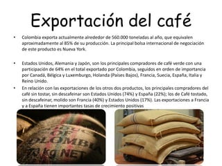 Exportación del café
• Colombia exporta actualmente alrededor de 560.000 toneladas al año, que equivalen
aproximadamente al 85% de su producción. La principal bolsa internacional de negociación
de este producto es Nueva York.
• Estados Unidos, Alemania y Japón, son los principales compradores de café verde con una
participación de 64% en el total exportado por Colombia, seguidos en orden de importancia
por Canadá, Bélgica y Luxemburgo, Holanda (Países Bajos), Francia, Suecia, España, Italia y
Reino Unido.
• En relación con las exportaciones de los otros dos productos, los principales compradores del
café sin tostar, sin descafeinar son Estados Unidos (74%) y España (22%); los de Café tostado,
sin descafeinar, molido son Francia (40%) y Estados Unidos (17%). Las exportaciones a Francia
y a España tienen importantes tasas de crecimiento positivas
 