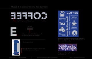 Copyright © 2014 ALL RIGHTS RESERVED Designers: Yumeng Cheng, Tasneem Kabli & Verayouth Chotivanich Project: Cafe Environmental Design
Mural & Counter Menu Production
Blue LED Light set behind each letter
A dicut zinc letter with 2” thickness around
the edge itself painted with 30% gray
The murals will use the sunlight to show the thickness of
themselves. At the Sunset, the LED behind the letters of
the murals will be turned on.
Top View
Sample image showing how it going
to be looked like
Back View
Using .25” diameter and 4” long stainless pole
for holding letters and background
Side View
Setting method
 