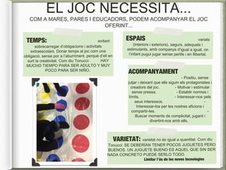 EL JOC NECESSITA...
COM A MARES, PARES I EDUCADORS, PODEM ACOMPANYAR EL JOC
OFERINT...
TEMPS: evitant
sobrecarregar d’obligacions i activitats
extraescolars. Donar temps al joc com una
obligació, sense por a l’aburriment, perquè d’ell en
surt la creativitat. Com diu Tonucci: HAY
MUCHO TIEMPO PARA SER ADULTO Y MUY
POCO PARA SER NIÑO.
ESPAIS variats
(interiors i exteriors), segurs, adequats i
estimulants, amb companys d’igual a igual, on
l’infant pugui jugar sense perills i en llibertat.
VARIETAT: varietat no és igual a quantitat. Com diu
Tonucci: SE DEBERÍAN TENER POCOS JUGUETES PERO
BUENOS. UN JUGUETE BUENO ES AQUEL QUE SIN SER
NADA CONCRETO PUEDE SERLO TODO.
Limitar l’ús de les noves tecnologies
ACOMPANYAMENT
- Positiu, sense
jutjar i deixant que ells siguin els protagonistes i
creadors del joc. - Motivar i estimular
sense pressa. - Establir normes i
límits. - Interessar-nos pels
seus interessos. -
Interessar-los per les nostres aficions i
compartir-les. -
Buscar moments de complicitat, jugant i
divertint-nos amb ells.
 