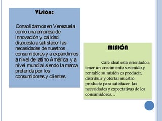 Visión:Visión:
Consolidarnosen VenezuelaConsolidarnosen Venezuela
como unaempresadecomo unaempresade
innovación y calidadinnovación y calidad
dispuestaasatisfacer lasdispuestaasatisfacer las
necesidadesdenuestrosnecesidadesdenuestros
consumidoresy aexpandirnosconsumidoresy aexpandirnos
anivel delatino América y aanivel delatino América y a
nivel mundial siendo lamarcanivel mundial siendo lamarca
preferidapor lospreferidapor los
consumidoresy clientes.consumidoresy clientes.
Visión:Visión:
Consolidarnosen VenezuelaConsolidarnosen Venezuela
como unaempresadecomo unaempresade
innovación y calidadinnovación y calidad
dispuestaasatisfacer lasdispuestaasatisfacer las
necesidadesdenuestrosnecesidadesdenuestros
consumidoresy aexpandirnosconsumidoresy aexpandirnos
anivel delatino América y aanivel delatino América y a
nivel mundial siendo lamarcanivel mundial siendo lamarca
preferidapor lospreferidapor los
consumidoresy clientes.consumidoresy clientes.
 