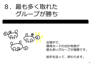 ８．最も多く取れた
グループが勝ち
会場中で、
獲得カードの合計枚数が
最も多いグループが優勝です。
拍⼿を送って、終わります。
35
 
