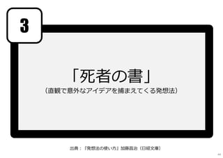 「死者の書」
（直観で意外なアイデアを捕まえてくる発想法）
3
出典︓『発想法の使い⽅』加藤昌治（⽇経⽂庫）
44
 