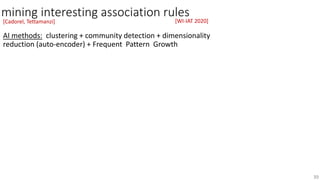 mining interesting association rules
AI methods: clustering + community detection + dimensionality
reduction (auto-encoder) + Frequent Pattern Growth
[Cadorel, Tettamanzi]
39
[WI-IAT 2020]
 