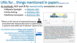 URIs for… things mentioned in papers
AI methods: NLP and IR for named entity annotation in text
 DBpedia Spotlight → DBpe...