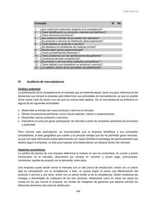 Café Internet



                 Concepto                                                              Sí   No

                 1.    ¿Sus costos son reducidos respecto a la competencia?
                 2.    ¿Tiene identificación su producto o servicio (es distintivo)?
                 3.    ¿Tiene solvencia económica?
                 4.    ¿Sus costos al cambiar de proveedor son elevados?
                 5.    ¿Su producto o servicio es distribuido adecuadamente?
                 6.    ¿Tiene patente su producto o servicio?
                 7.    ¿Se abastece sin problemas de materias primas?
                 8.    ¿Recibe algún apoyo gubernamental?
                 9.    ¿Tiene procedimientos eficientes ?
                 10.   ¿Tiene problemas con las aprobaciones del gobierno?
                 11.   ¿Contempla elevada competencia?
                 12.   ¿El producto o servicio tiene sustitutos competitivos ?
                 13.   ¿Tiene calidad y es competitivo su producto o servicio?
                 14.   ¿La calidad y precio de su proveedor es satisfactoria?




IV.       Auditoria de mercadotecnia

Análisis ambiental
La participación de la competencia en el mercado que se pretende atacar, tiene una gran influencia en las
decisiones que tomará la empresa para determinar sus actividades de mercadotecnia, ya que es posible
tomar varias rutas de acción una vez que se conoce este aspecto. Así la mercadotecnia se enfocaría en
alguna de las siguientes actividades:

•     Desarrollar la entrada del nuevo producto o servicio al mercado.
•     Ofrecer innovaciones periódicas, como nuevos sabores, colores o presentaciones.
•     Desarrollar nuevos productos o servicios.
•     Intensificar la lucha por ganar participación de mercado a partir de campañas periódicas de promoción
      y publicidad.

Para conocer esta participación, es recomendable que la empresa identifique a sus principales
competidores, el área geográfica que cubren y la principal ventaja que les ha permitido ganar mercado,
ya que con esta información podrá determinarse con mayor facilidad la estrategia de posicionamiento que
deberá seguir la empresa, no sólo para ingresar sino desarrollarse con eficacia dentro del mercado.

Aspectos económicos
La política de precios de una empresa determina la manera en que se comportará, en cuanto a precio
introductorio en el mercado, descuentos por compra en volumen o pronto pago, promociones,
comisiones, ajustes de acuerdo con la demanda, entre otros.

Una empresa puede decidir entrar al mercado con un alto precio de introducción, entrar con un precio
bajo en comparación con la competencia; o bien, no buscar según el precio una diferenciación del
producto o servicio y, por tanto, entrar con un precio similar al de la competencia. Deben analizarse las
ventajas y desventajas de cualquiera de las tres opciones, debiéndose cubrir en todos los casos los
costos en los que incurre la empresa, sin olvidar los márgenes de ganancia que esperan percibir los
diferentes elementos del canal de distribución.

                                                        144
 