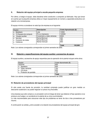 Café Internet


II.       Relación del equipo principal a escala pequeña empresa

Por último, al elegir el equipo, debe decidirse entre construirlo o comprarlo ya fabricado. Hay que tomar
en cuenta que la pequeña empresa utiliza un mayor equipamiento en número y capacidad productiva con
relación a la microempresa.

El equipo mínimo a considerar en este tipo de empresa es el siguiente:

       Equipo                          Descripción                     Costo Aproximado ($)
       • Mobiliario                    Lote                            13500
       • 15 Equipos de computo         Pc’s e impresora                120000
       • Equipo auxiliar               5 scanners y video cámaras      8500
       • Servidor                      Renta Mensual                   460
       • Conexión de redes             Renta Mensual                   380
       • Cafeteras                     Renta mensual                   800

                                                                   Total                   143,640
Nota: Los valores consignados corresponden al primer semestre de 2000.



III.      Relación y especificaciones del equipo auxiliar y accesorios de apoyo

El equipo auxiliar y accesorios de apoyo requeridos para la operación de la planta incluyen entre otros:

             Equipo                                         Costo Aproximado ($)
             Scanner                                        800
             • Speakers                                     600
             • Video cámaras                                750
             • CD driver                                    800
             • Protector de pantalla                        120
                                                            Total             3,070
Nota: Los valores consignados corresponden al primer semestre del 2000.



IV. Relación de proveedores del equipo principal

Si sólo existe una fuente de provisión, la cantidad comprada puede justificar en gran medida un
descuento sustancial o se puede negociar un precio muy favorable.

Una empresa que sólo compra a un proveedor corre el riesgo de tener que detener el flujo operativo si se
produce una huelga o un accidente en la planta de su único suministrador.
Lo más recomendable para solucionar este tipo de problemas es tener de dos a tres proveedores por
insumo.

A continuación se señala ¿cómo acceder a la relación de proveedores del equipo principal del giro:




                                                     37
 
