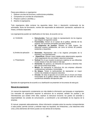 Café Internet


Pasos para elaborar un organigrama:
1. Elaborar una lista de funciones y subfunciones probables;
2. Compararla con una lista de comprobación;
3. Preparar cuadros o plantillas, y
4. Diseñar el organigrama.

Todo organigrama debe contener los siguientes datos: título o descripción condensada de las
actividades, fecha de formulación, nombre del responsable de elaboración, aprobación, explicación de
líneas y símbolos especiales.

Los organigramas pueden ser clasificados en tres tipos, de acuerdo con su:

   a) Contenido               • Estructurales. Tiene por objeto la representación de los órganos
                                que integran el organismo social.
                              • Funcionales. Indican en el cuerpo de la gráfica, además de los
                                órganos, las funciones principales que éstos realizan.
                              • De integración de puestos. Señalan en cada órgano, los
                                diferentes puestos establecidos, así como el número de puestos
                                existentes y requeridos.

   b) Ambito de aplicación    • Generales. Representan sólo a los órganos principales de la
                                empresa y sus interrelaciones.
                               • Específicos. Ofrecen mayor detalle sobre determinados aspectos
                                 de la organización de una unidad o área de la empresa.
   c) Presentación            • Vertical. Es el que muestra la jerarquía orgánica en sus diferentes
                                niveles desde el más alto hasta el más bajo
                              • Horizontal. Se aprecia y se interpreta de izquierda a derecha más
                                bien que de arriba hacia abajo.
                              • Mixtos. Se representa la estructura de una empresa utilizando
                                combinaciones verticales y horizontales.
                              • De bloque. Tienen la particularidad de representar un mayor
                                número de unidades en espacios reducidos.
                              • Circular. Se sitúa al ejecutivo en el centro de un círculo con líneas
                                horizontales de la gráfica vertical, formando una serie de círculos
                                concéntricos alrededor del ejecutivo jefe.

Ejemplos de organigramas de acuerdo a su clasificación se presentan en los anexos de esta guía.

Manual de organización

Un manual de organización complementa con más detalle la información que bosqueja un organigrama.
Los manuales de organización exponen la estructura de la empresa; señalan los puestos y las
interrelaciones que existen entre ellos; explican la estructura funcional, los grados de autoridad y
responsabilidad, los canales de comunicación, y coordinación y las actividades de los órganos de la
empresa.

El manual, preparado adecuadamente, ofrece información completa sobre los asuntos correspondientes
a cada puesto; permite conocer y entender mejor los requisitos, las limitaciones, y las relaciones entre
unos y otros elementos del mismo puesto con los demás de la empresa.



                                                  56
 