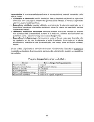 Café Internet



Los propósitos de un programa efectivo y eficiente de entrenamiento del personal, comprenden cuatro
tipos de cambio:
• Transmisión de información: distribuir información, entre los integrantes del proceso de capacitación
    entrenados, como un cuerpo de conocimientos genéricos sobre el trabajo, la empresa, sus productos
    y servicios, su organización y políticas.
• Desarrollo de habilidades: aquellas habilidades y conocimientos directamente relacionados con el
    desarrollo del cargo actual o de posibles ocupaciones futuras. Se trata de una capacitación orientada
    directamente al trabajo.
• Desarrollo o modificación de actitudes: se enfoca al cambio de actitudes negativas por actitudes
    más favorables entre los trabajadores, aumento de la motivación, desarrollo de la sensibilidad del
    personal en cuanto a los sentimientos y reacciones de otras personas.
• Desarrollo del nivel conceptual: el entrenamiento puede ser llevado a cabo para desarrollar entre
    los trabajadores un alto nivel de abstracción y facilitar la aplicación de conceptos en la práctica
    administrativa o para elevar el nivel de generalización y así puedan pensar en términos globales y
    amplios.

En este sentido, un programa de entrenamiento involucra necesariamente cuatro etapas: inventario de
necesidades y diagnóstico de entrenamiento; planeación del entrenamiento; ejecución; y evaluación de
los resultados.


                         Programa de capacitación al personal del giro

                  Nombre                         Personal al que habría que capacitar
   Atención al cliente                 el personal
   Innovaciones tecnológicas           iero y técnicos en sistemas
   Manejo de alimentos                 ero y meseros
   Superación personal                 el personal
   Higiene y seguridad en el trabajo   el personal
   Actualización Informática           el personal, en especial el operativo




                                                   66
 
