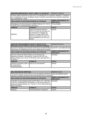 Café Internet



REGISTRO EMPRESARIAL ANTE EL IMSS Y EL INFONAVIT                     TRAMITE FEDERAL
El Patrón deberá registrarse al igual que a sus trabajadores en el régimen obligatorio, cumpliendo
con lo establecido en la Ley del Seguro Social, al hacerlo automáticamente quedarán registrados
ante el INFONAVIT Y SAR
                                                                     TIEMPO APROXIMADO DE
AREA DONDE SE GESTIONA/HORARIO DE ATENCION
                                                                     RESPUESTA
Subdelegaciones Administrativas del IMSS / México, D.F. Tel. 52 15 días hábiles
11 02 45 y 52 11 20 29 (de 9:00 a 14:00 Hrs.)
VIGENCIA                        FORMATO                              COSTO
                                Aviso de inscripción patronal        Gratuito
                                AFIL01 Formato de inscripción de
                                las empresas en el Seguro de
Indefinida                      Riesgo de Trabajo SSRT01003
                                Aviso de inscripción de cada uno
                                de los trabajadores (mínimo uno)
                                AFIL02


AVISO DE FUNCIONAMIENTO ANTE EL INSTITUTO DE                      TRAMITE ESTATAL
SERVICIOS SALUD PUBLICA PARA EL DISTRITO FEDERAL
Documento expedido por el Instituto de Servicios de Salud Pública para el D.F., por medio del cual
autoriza que un establecimiento de menor riesgo opere y funcione.
                                                                  TIEMPO APROXIMADO DE
AREA DONDE SE GESTIONA/HORARIO DE ATENCION
                                                                  RESPUESTA
Dirección General de Salud Pública y en la Dirección de           Inmediata
Regulación Sanitaria / José Antonio Torres No. 661 P.B. Col.
Asturias, México, D.F. Tel. 57 41 48 62 Ext. 423 o 424 (de 8:30 a
13:30 Hrs.)
VIGENCIA                        FORMATO                           COSTO
Indefinida (quedando sujeto a Aviso de Funcionamiento             Gratuito
las inspecciones
correspondientes)


DECLARACION DE APERTURA                                            TRAMITE LOCAL
Trámite para obtener el documento con el que deberán contar los titulares de establecimientos,
cuyo giro no requiere de licencia de funcionamiento para su operación.
                                                                   TIEMPO APROXIMADO DE
AREA DONDE SE GESTIONA/HORARIO DE ATENCION
                                                                   RESPUESTA
Ventanillas Únicas Delegacionales del DF México, D.F. (de 9:00 a Inmediata
14:00 Hrs.) Ventanilla Unica de Gestión Av. San Antonio 256 Col.
Ampliación Nápoles México, D.F. Tel. 56 11 31 67 y 563 34 00 (de
9:00 a 15:00 Hrs.)
VIGENCIA                        FORMATO                            COSTO
Indefinida                      VU09 Declaración de Apertura       Gratuito




                                                         93
 