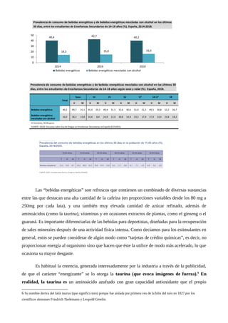 Las “bebidas energéticas” son refrescos que contienen un combinado de diversas sustancias
entre las que destacan una alta cantidad de la cafeína (en proporciones variables desde los 80 mg a
250mg por cada lata), y una también muy elevada cantidad de azúcar refinado, además de
aminoácidos (como la taurina), vitaminas y en ocasiones extractos de plantas, como el ginseng o el
guaraná. Es importante diferenciarlas de las bebidas para deportistas, diseñadas para la recuperación
de sales minerales después de una actividad física intensa. Como decíamos para los estimulantes en
general, estos se pueden considerar de algún modo como “tarjetas de crédito químicas”, es decir, no
proporcionan energía al organismo sino que hacen que éste la utilice de modo más acelerado, lo que
ocasiona su mayor desgaste.
Es habitual la creencia, generada interesadamente por la industria a través de la publicidad,
de que el carácter “energizante” se lo otorga la taurina (que evoca imágenes de fuerza).6
En
realidad, la taurina es un aminoácido azufrado con gran capacidad antioxidante que el propio
6 Su nombre deriva del latín taurus (que significa toro) porque fue aislada por primera vez de la bilis del toro en 1827 por los
científicos alemanes Friedrich Tiedemann y Leopold Gmelin.
 