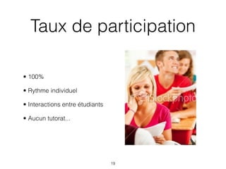 Taux de participation

• 100%

• Rythme individuel

• Interactions entre étudiants

• Aucun tutorat...




                                 19
 