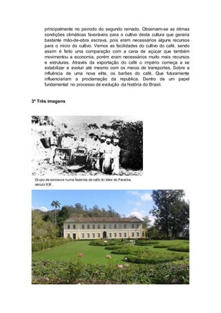 principalmente no peirodo do segundo reinado. Observam-se as ótimas
condições climáticas favoráveis para o cultivo desta cultura que geraria
bastante mão-de-obra escrava, pois eram necessários alguns recursos
para o inicio do cultivo. Vemos as facilidades do cultivo do café, sendo
assim é feito uma comparação com a cana de açúcar que também
movimentou a economia, porém eram necessários muito mais recursos
e estruturas. Através da exportação do café o império começa a se
estabilizar e evoluir até mesmo com os meios de transportes. Sobre a
influência de uma nova elite, os barões do café. Que futuramente
influenciariam a proclamação da republica. Dentro de um papel
fundamental no processo de evolução da história do Brasil.
3º Três imagens
 