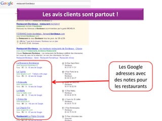 Les avis clients sont partout !




                               Les Google
                              adresses avec
                             des notes pour
                             les restaurants
 