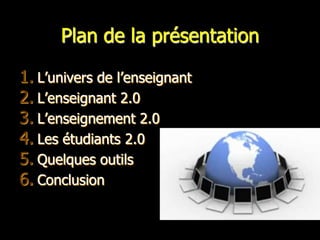 Plan de la présentation

1. L’univers de l’enseignant
2. L’enseignant 2.0
3. L’enseignement 2.0
4. Les étudiants 2.0
5. Quelques outils
6. Conclusion
 